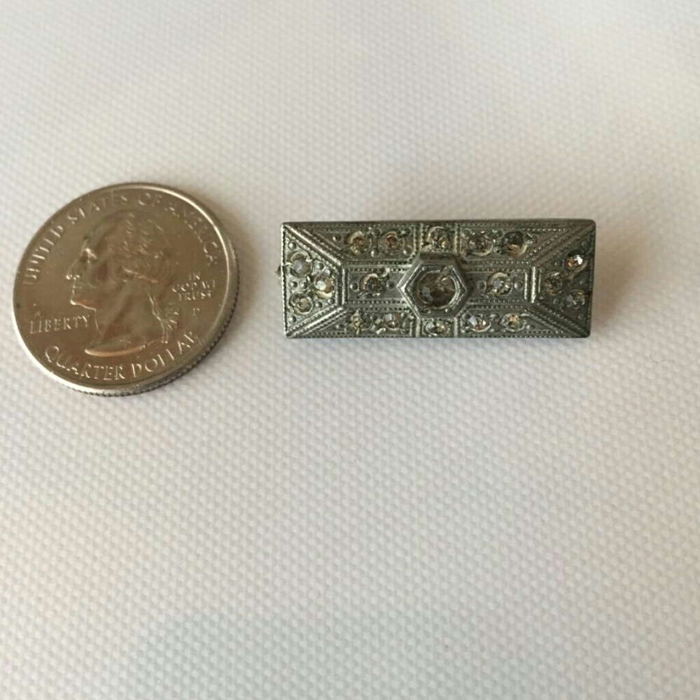 Vintage Pewter Tone Bar Rhinestone Brooch - Picture 1 of 3